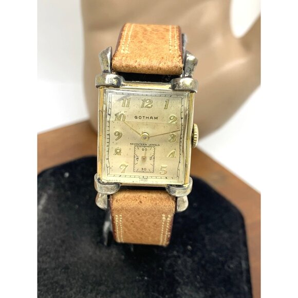Gotham Suku Watch Swiss Mechanical Tank Vintage Gold Brown Leather Band 22mm - Picture 14 of 15